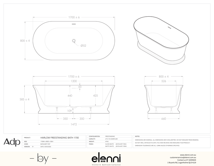Harlow 1700 Freestanding Matte White Bath - Elenni specification drawing