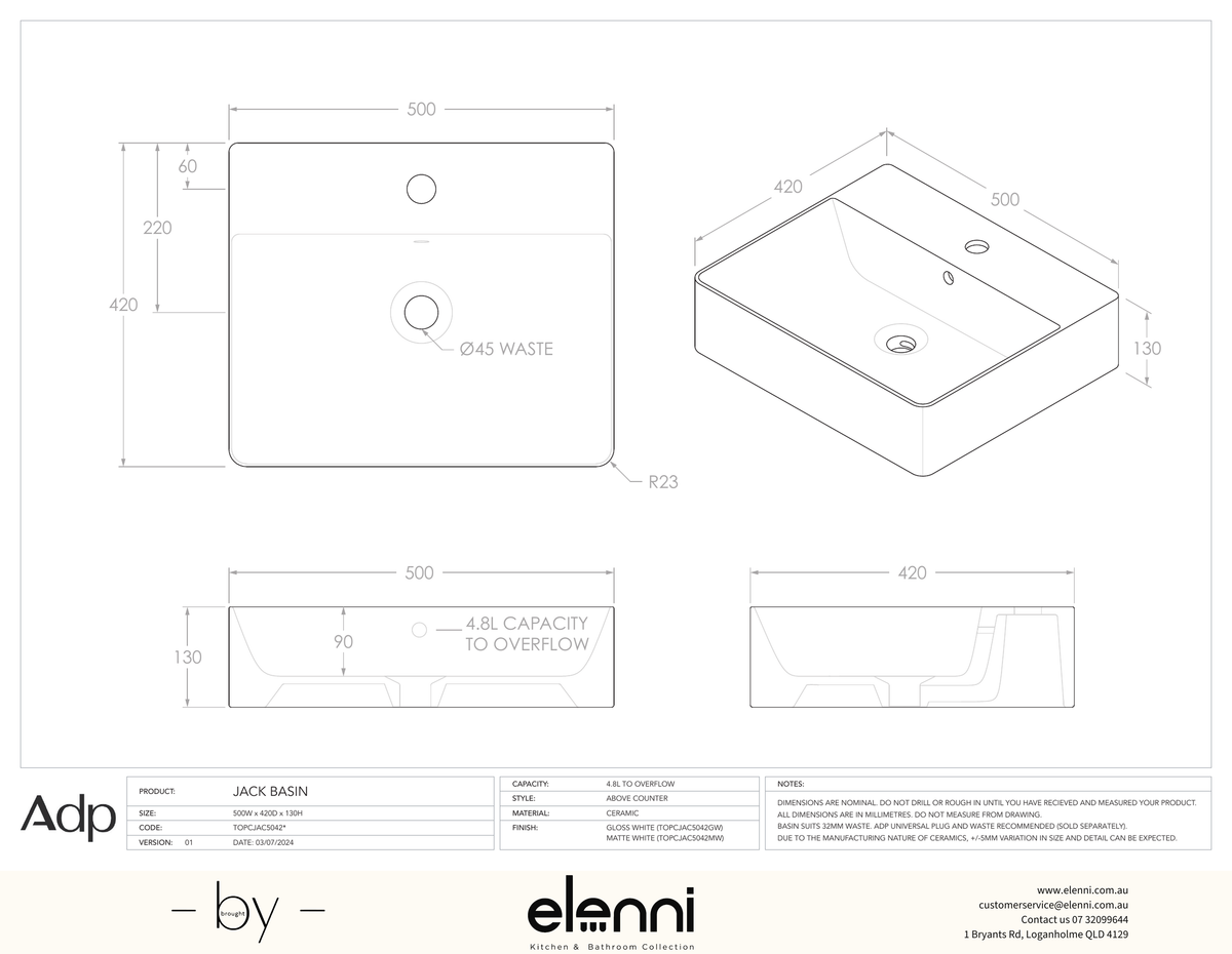 Jack - Elenni specification drawing