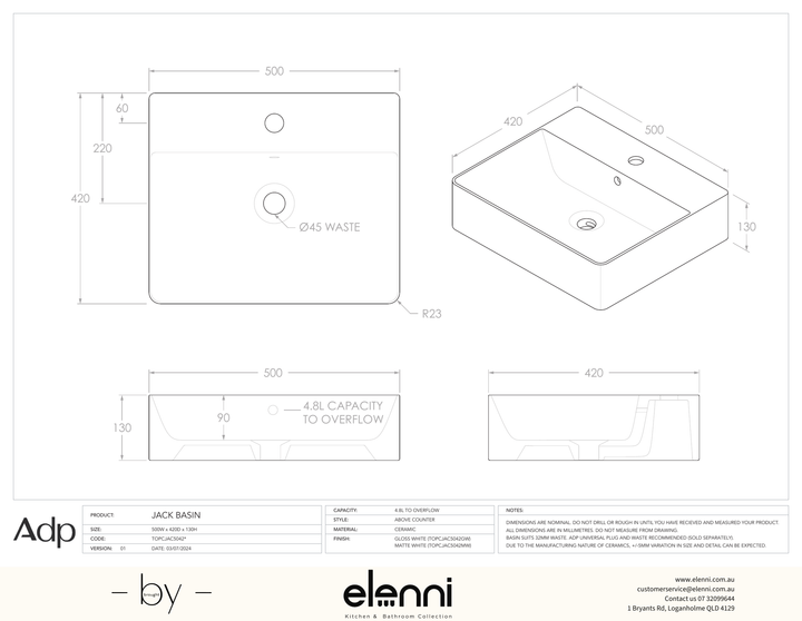 Jack - Elenni specification drawing