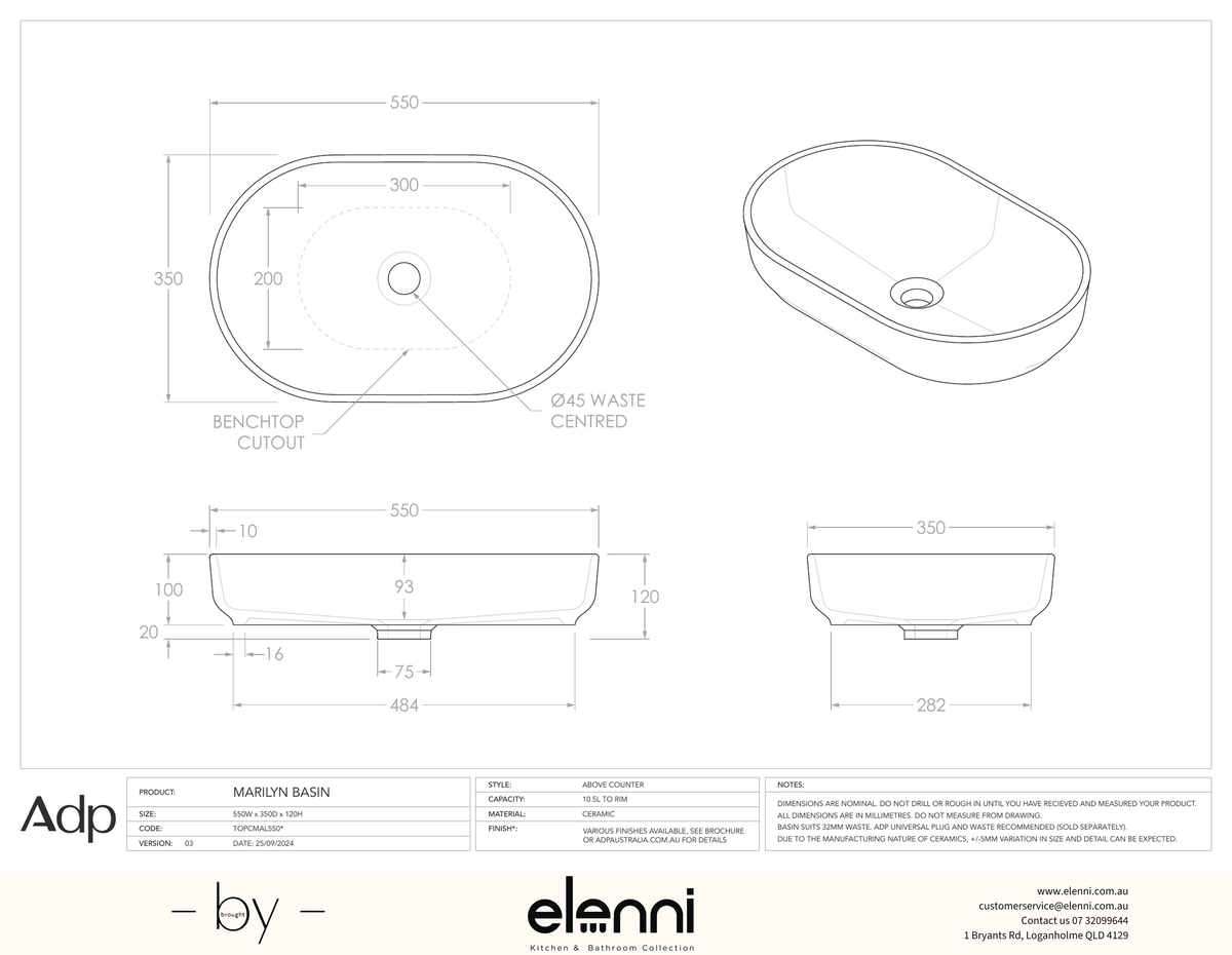 Marilyn Basin - Gloss White - Elenni specification drawing