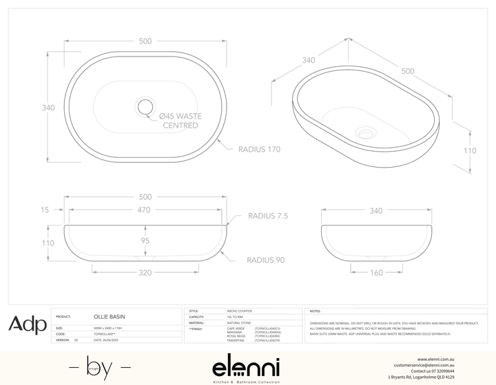 Ollie Cape Verde - Elenni specification drawing