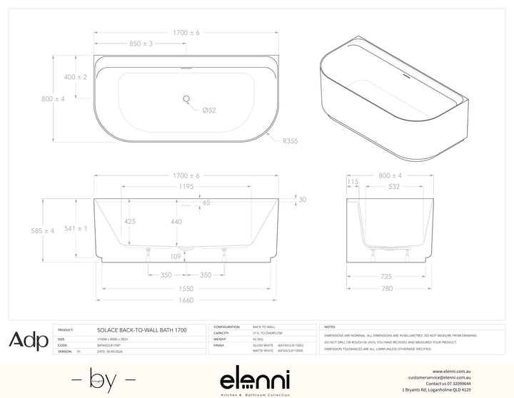 Solace 1700 Back-to-Wall Gloss White Bath - Elenni specification drawing