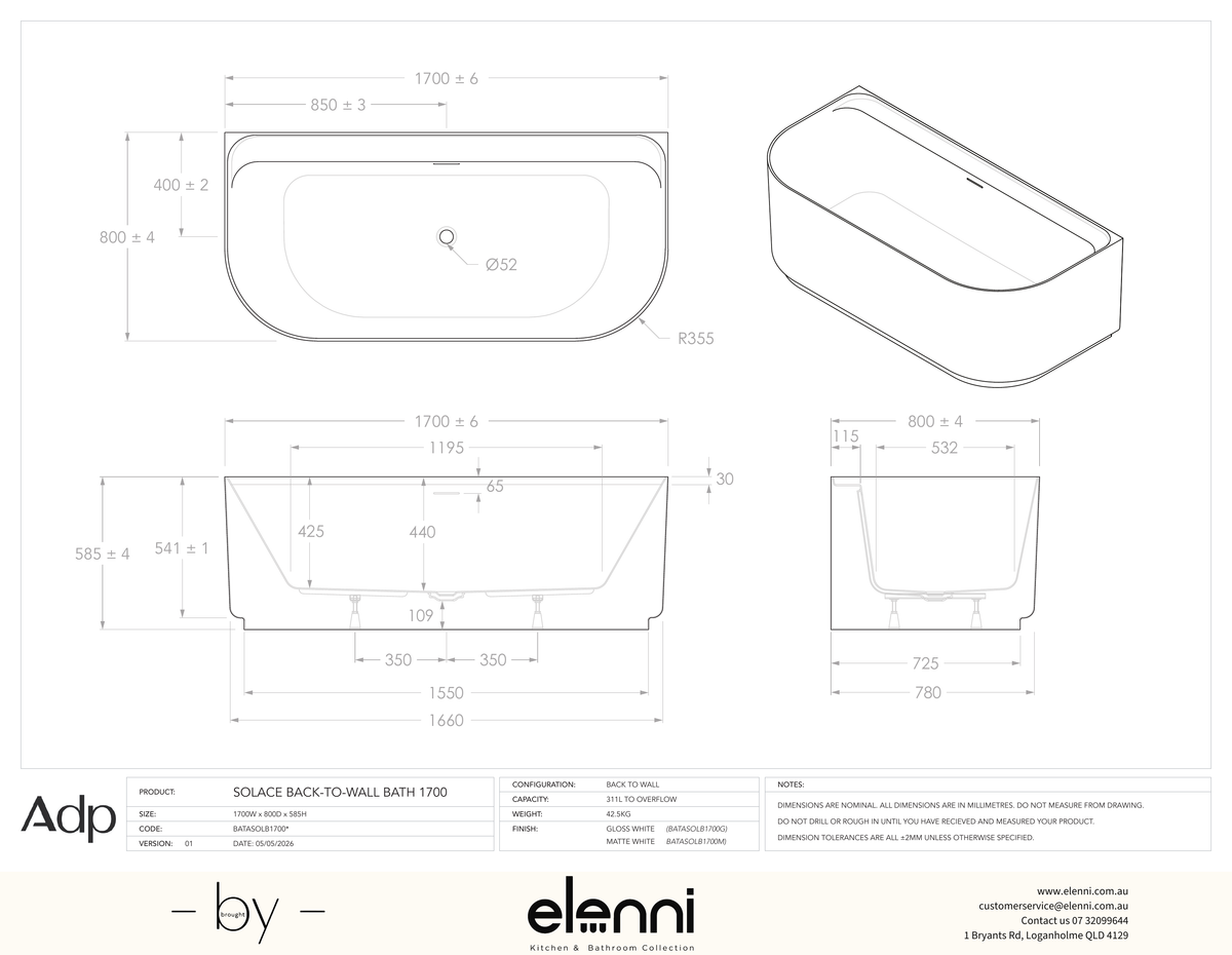 Solace 1700 Back-to-Wall Matte White Bath - Elenni specification drawing