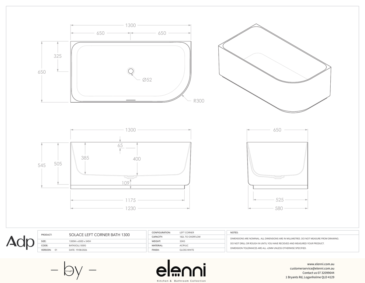 Solace 1300 Left Corner Gloss White Bath - Elenni specification drawing