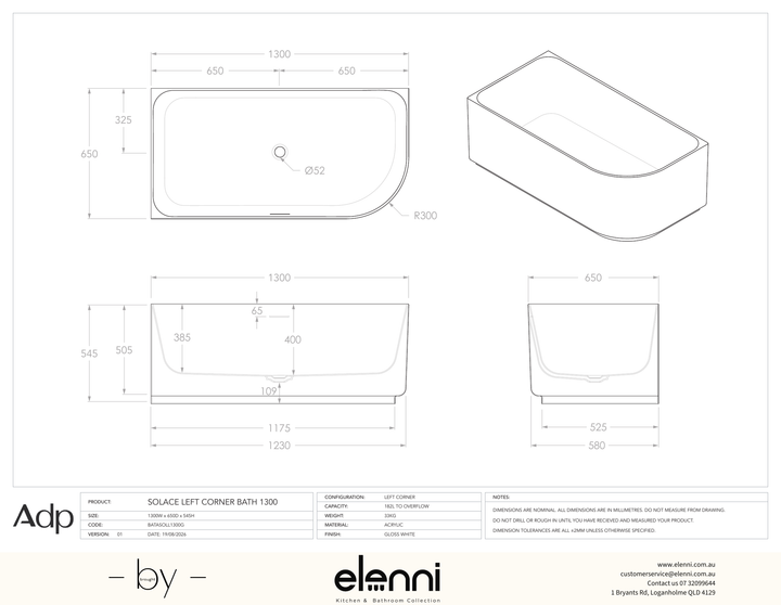 Solace 1300 Left Corner Gloss White Bath - Elenni specification drawing