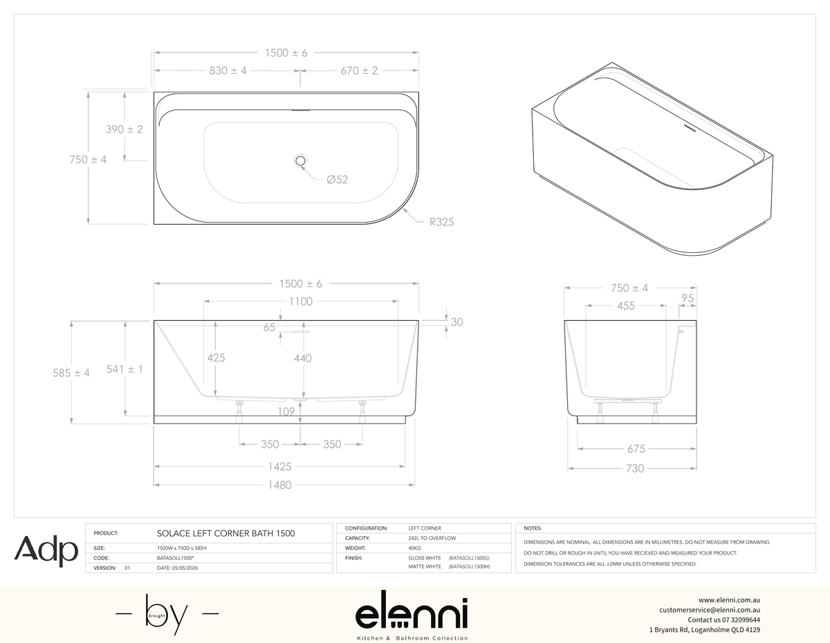 Solace 1500 Left Corner Matte White Bath - Elenni specification drawing