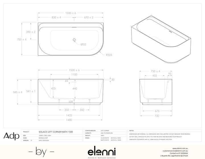 Solace 1500 Left Corner Matte White Bath - Elenni specification drawing