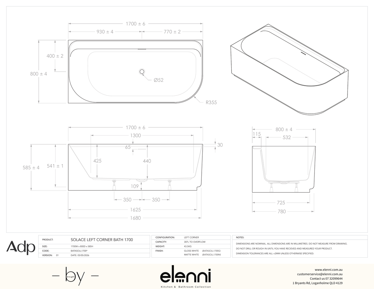 Solace 1700 Left Corner Matte White Bath - Elenni specification drawing