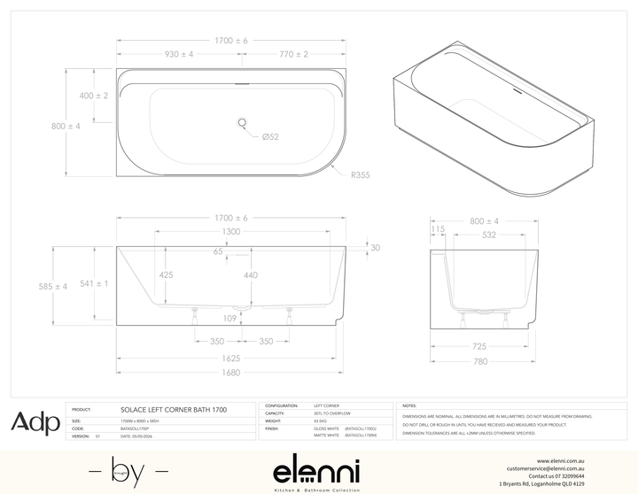 Solace 1700 Left Corner Matte White Bath - Elenni specification drawing