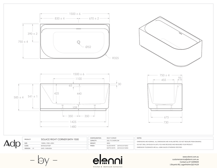 Solace 1500 Right Corner Gloss White Bath - Elenni specification drawing