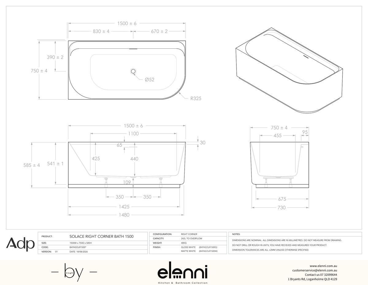 Solace 1500 Right Corner Matte White Bath - Elenni specification drawing