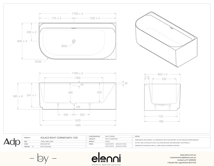 Solace 1700 Right Corner Gloss White Bath - Elenni specification drawing