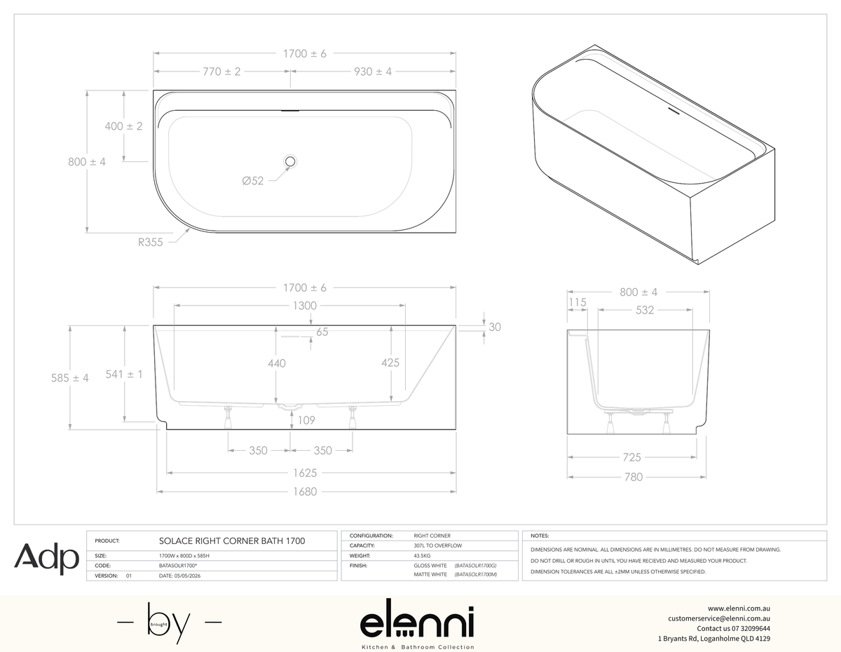 Solace 1700 Right Corner Matte White Bath - Elenni specification drawing