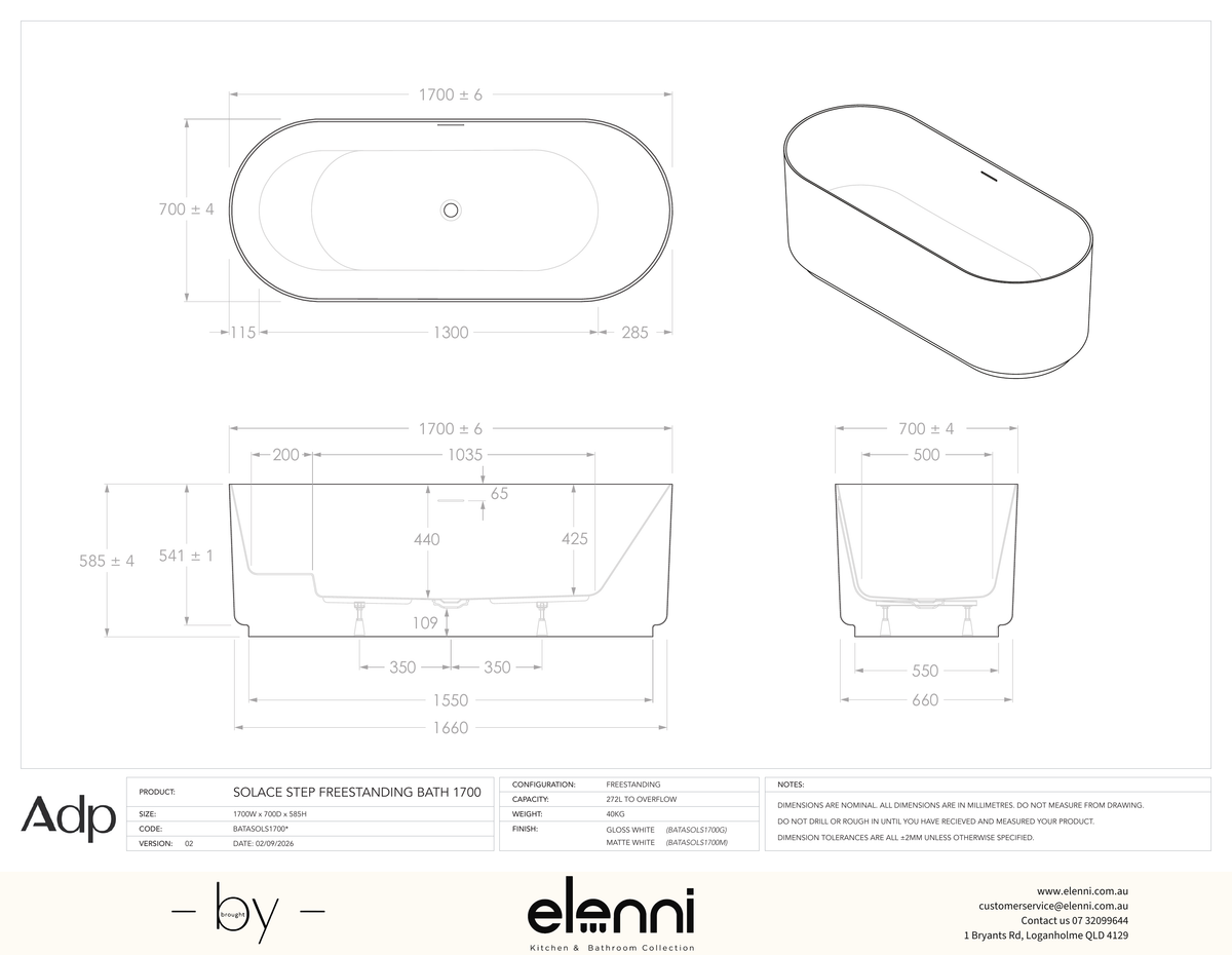 Solace Step 1700 Freestanding Matte White Bath - Elenni specification drawing