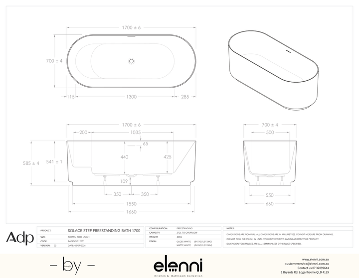 Solace Step 1700 Freestanding Matte White Bath - Elenni specification drawing