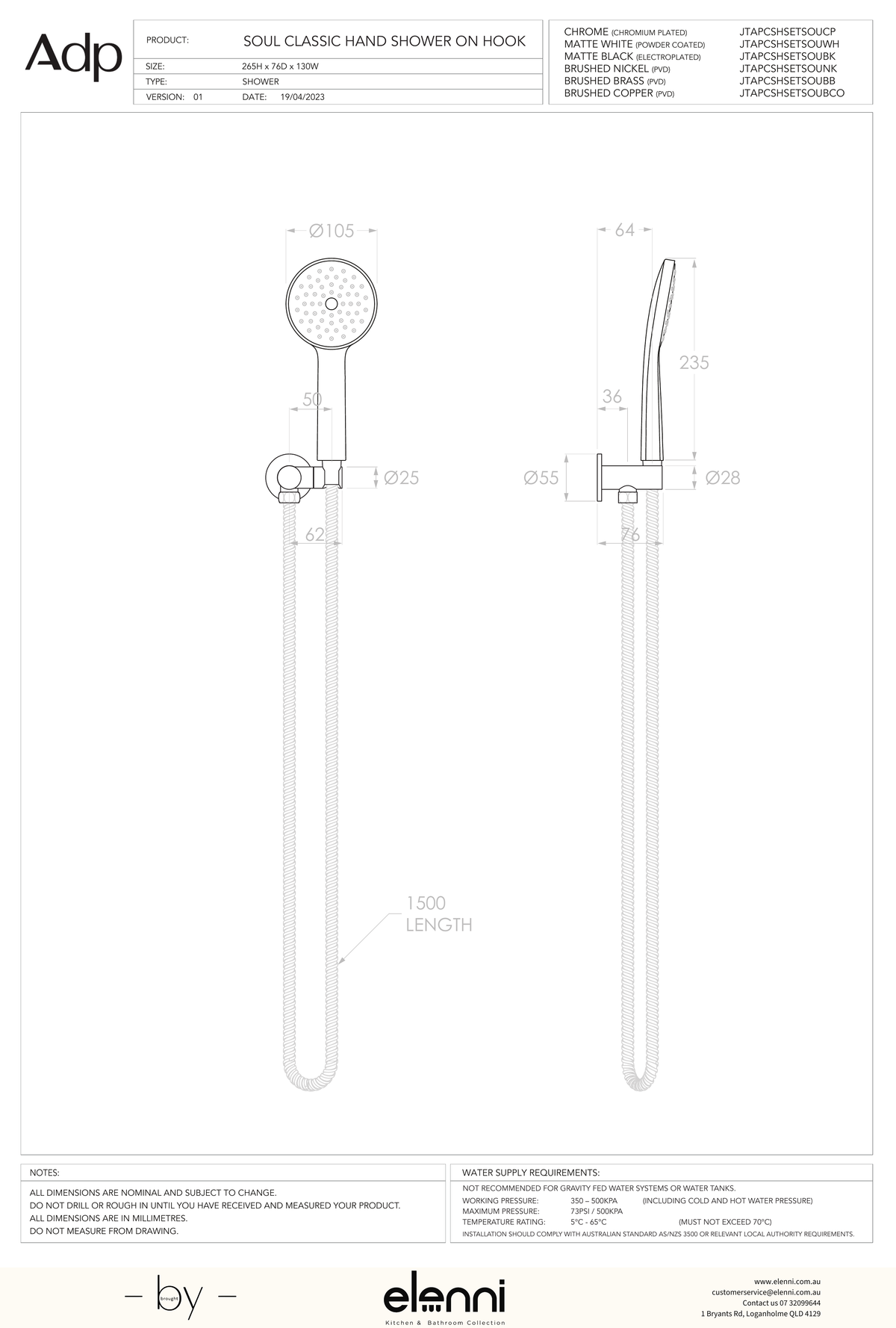 Soul Classic Hand Shower on Hook - Elenni specification drawing