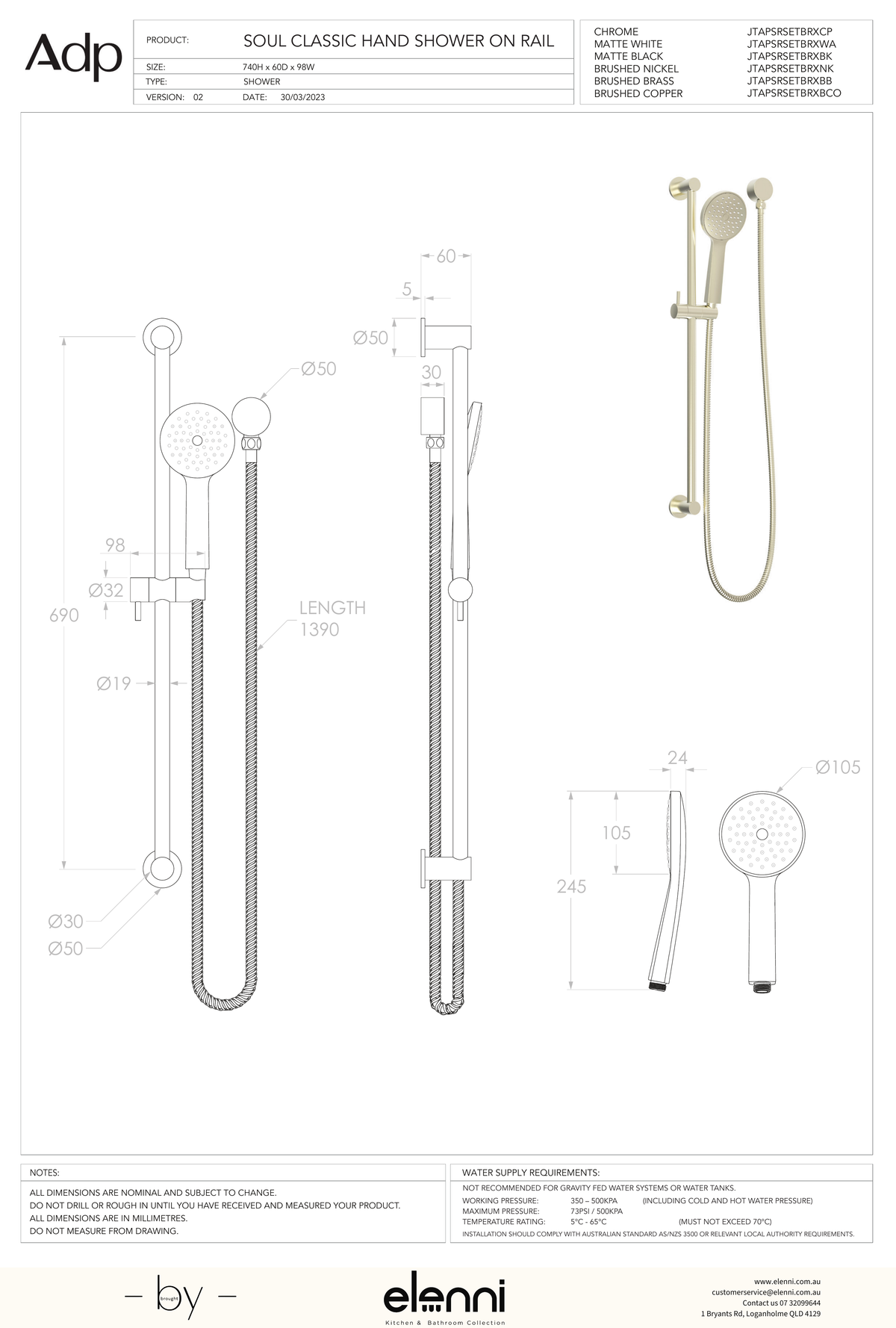 Soul Classic Hand Shower on Rail - Elenni specification drawing