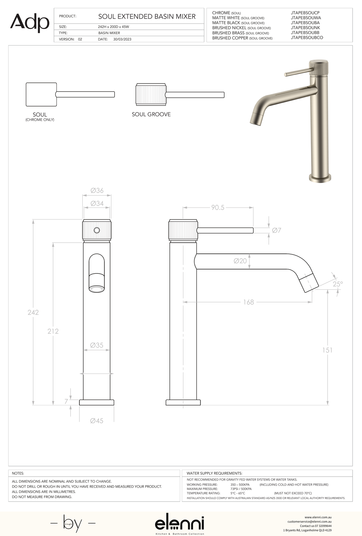 Soul Groove Extended Basin Mixer - Elenni specification drawing