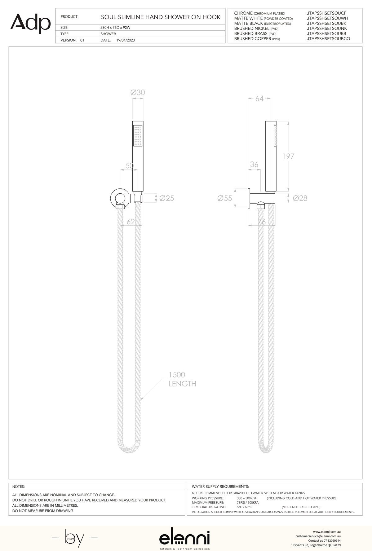 Soul Slimline Hand Shower on Hook - Elenni specification drawing