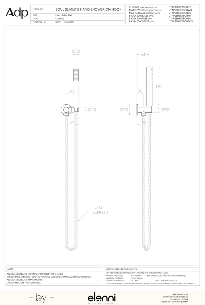 Soul Slimline Hand Shower on Hook - Elenni specification drawing