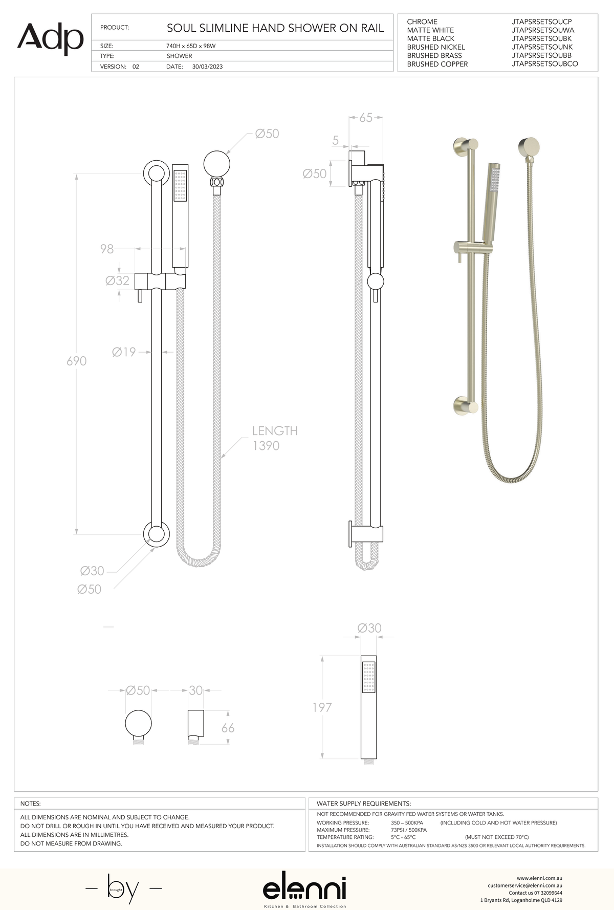 Soul Slimline Hand Shower on Rail - Elenni specification drawing