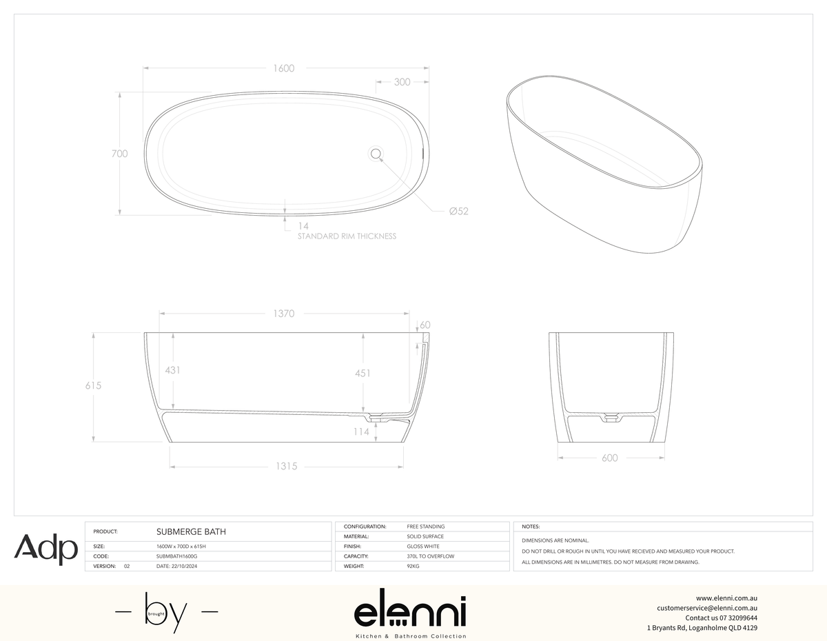 Submerge 1600 Freestanding Gloss White Bath - Elenni specification drawing
