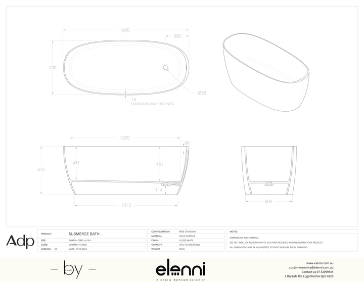 Submerge 1600 Freestanding Gloss White Bath - Elenni specification drawing