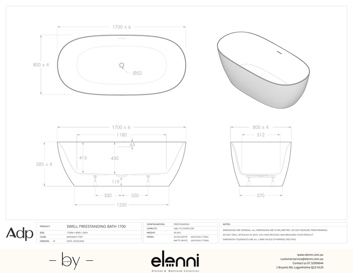 Swell 1700 Freestanding Gloss White Bath - Elenni specification drawing