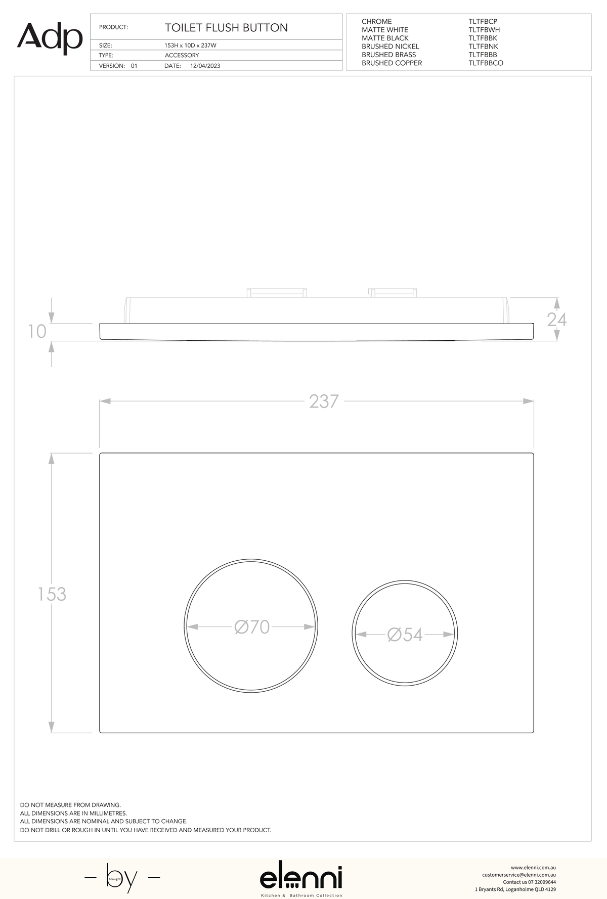 Toilet Flush Button - Elenni specification drawing