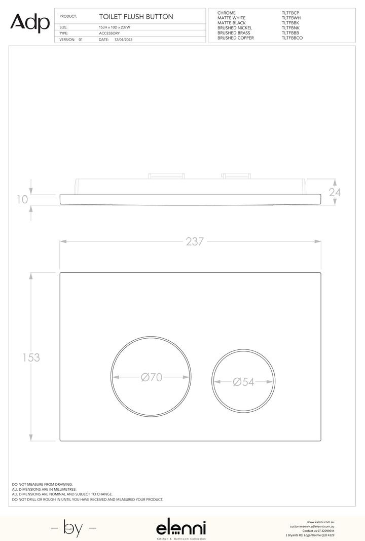 Toilet Flush Button - Elenni specification drawing