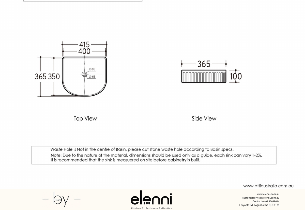 Elenni specification drawing — Archie 415x365x100 Gloss White Fluted Basin