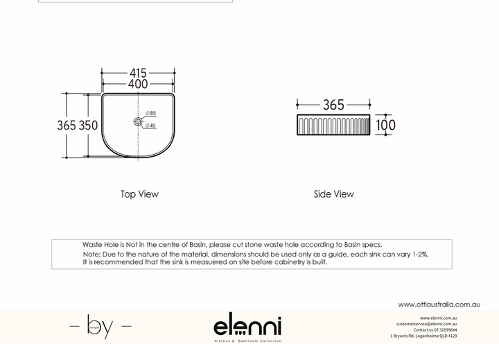 Elenni specification drawing — Archie 415x365x100 Gloss White Fluted Basin