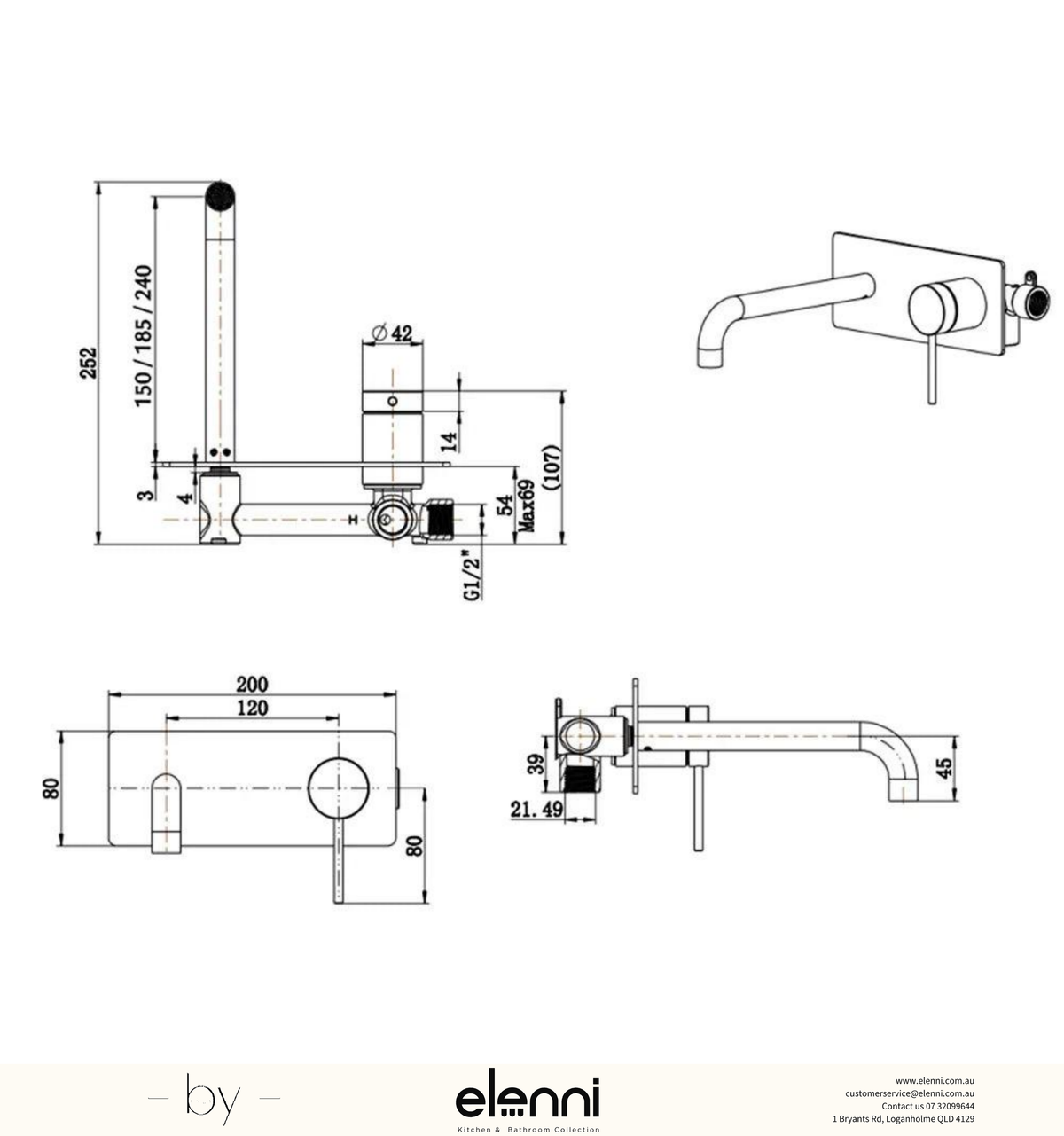 Mica Wall-Spout Combo - Curved Spout - 1P - TRIM KIT ONLY - Elenni specification drawing