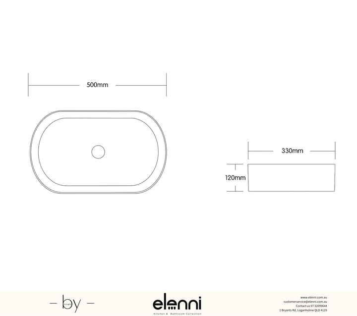 Quay Oval 500x330x120 Matte Grey Basin - Elenni specification drawing