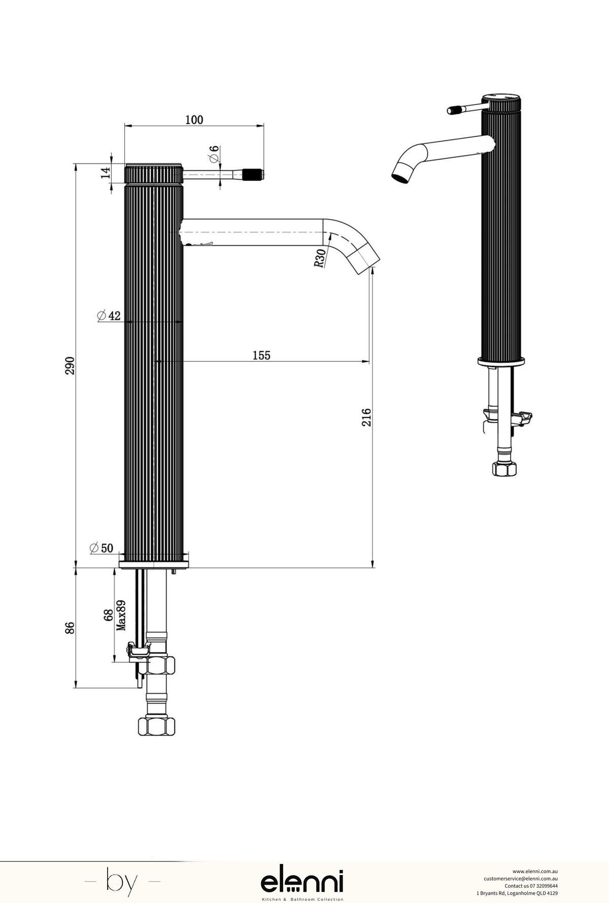 Mica Fluted Tall Basin Mixer - Elenni specification drawing