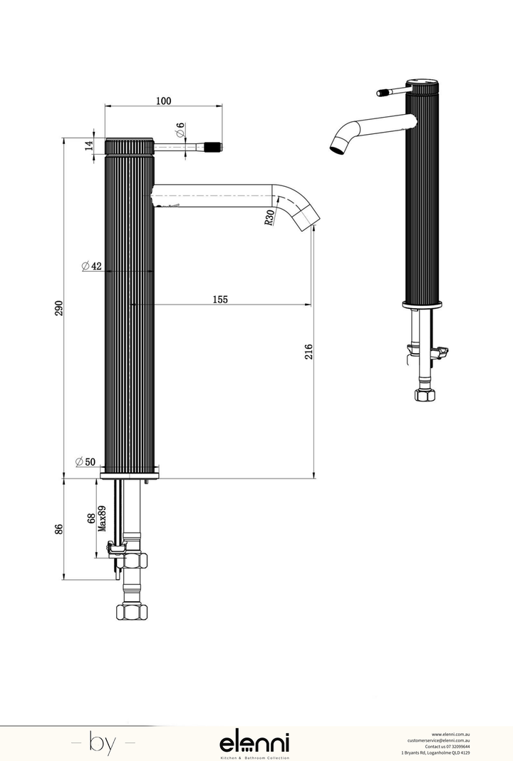 Mica Fluted Tall Basin Mixer - Elenni specification drawing