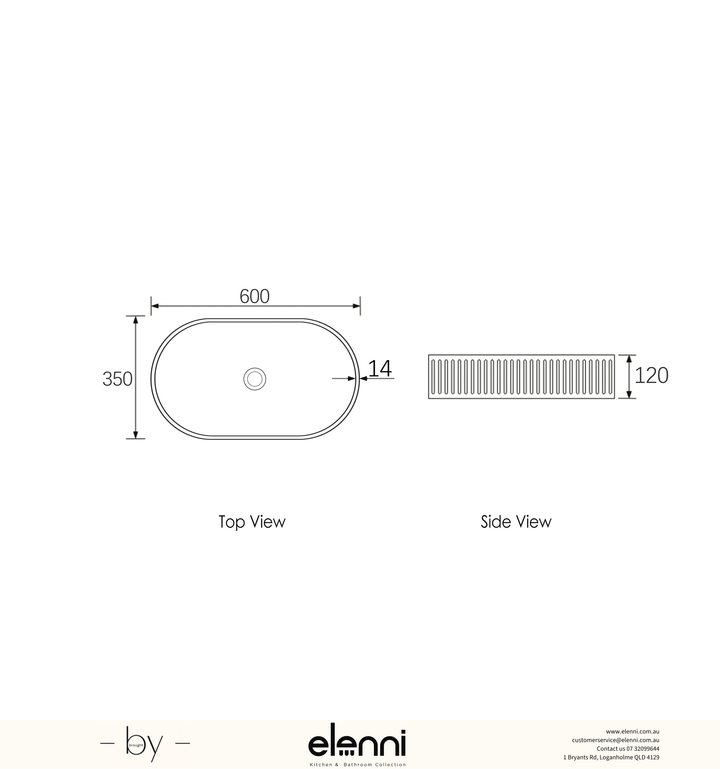 Hudson Oval 600x350x120 Concrete Fluted White Basin - Elenni specification sheet