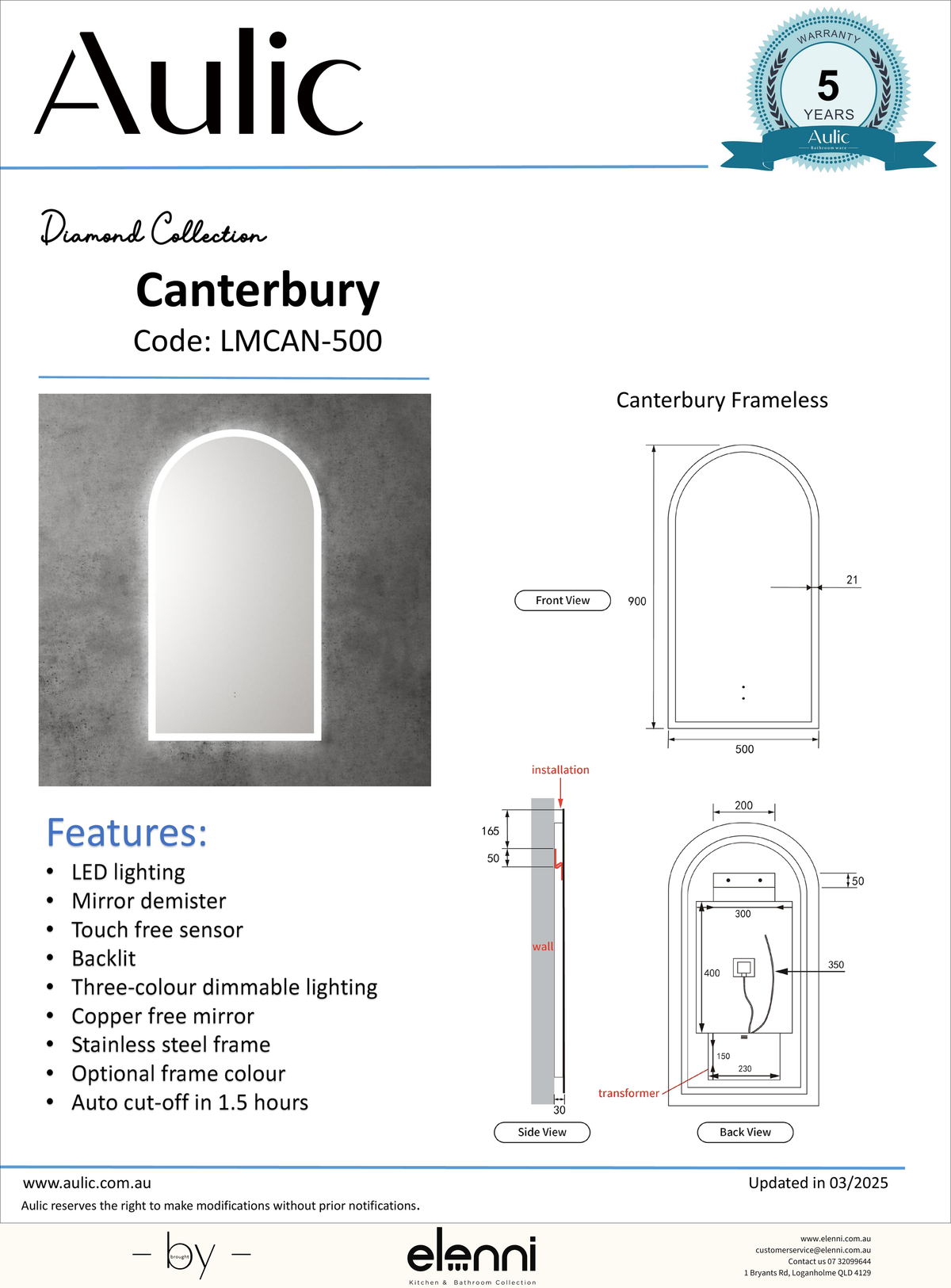 Canterbury 500mm LED Mirror - Elenni specification drawing