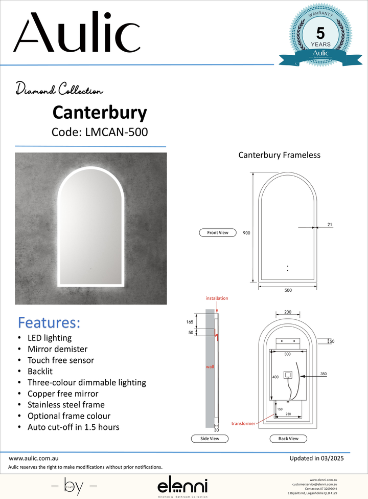 Canterbury 500mm LED Mirror - Elenni specification drawing