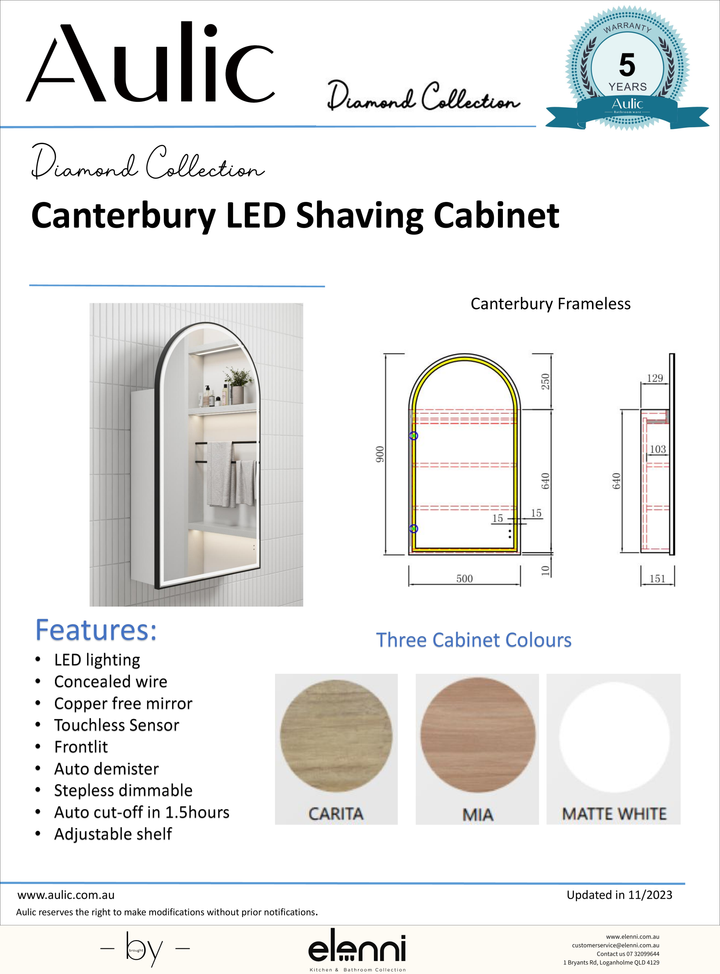 Canterbury LED Shaving Cabinet - Elenni specification drawing