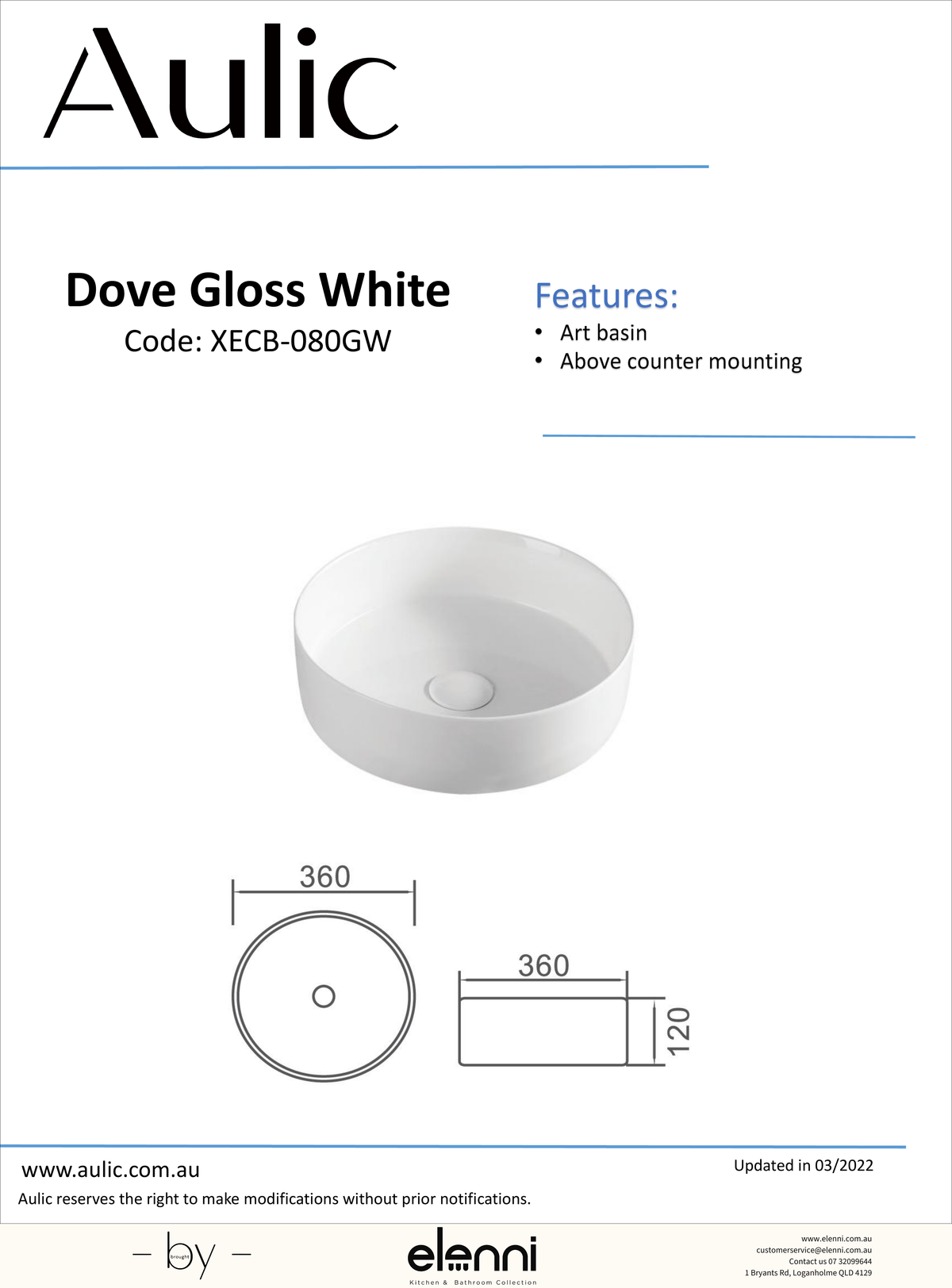 Dove Gloss White Basin - Elenni specification drawing