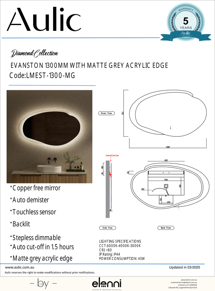 Evanston 1300mm LED Mirror, Matte Grey Edge - Elenni specification drawing