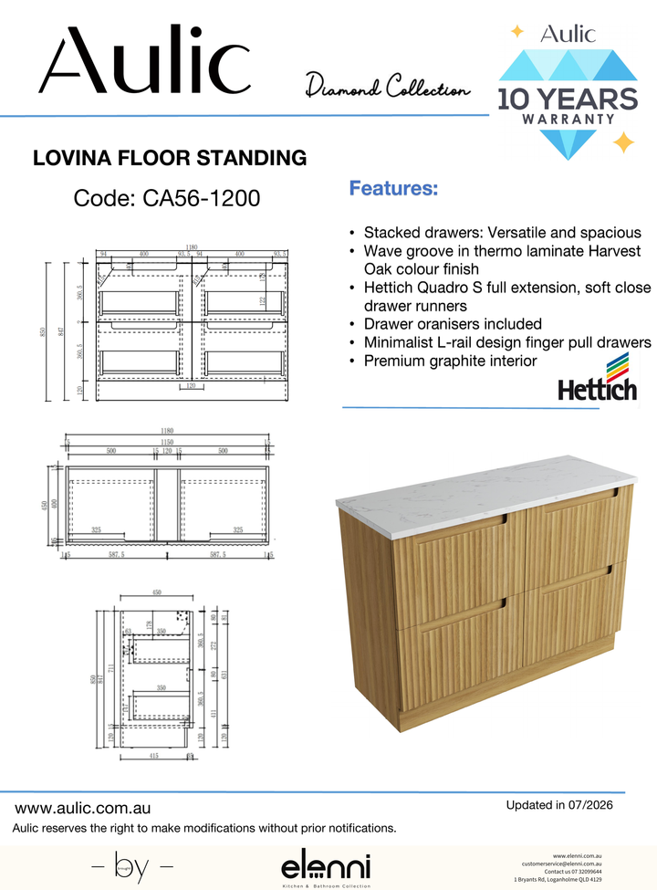 Lovina Floor Standing 1200mm - Elenni specification drawing