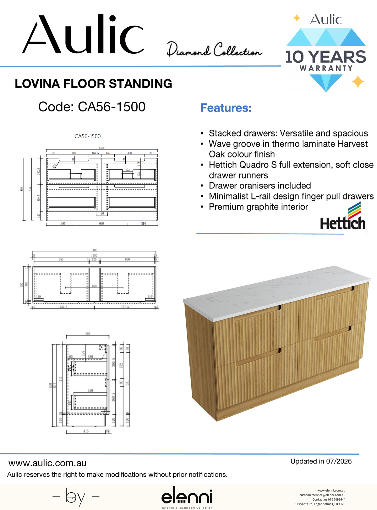 Lovina Floor Standing 1500mm - Elenni specification drawing