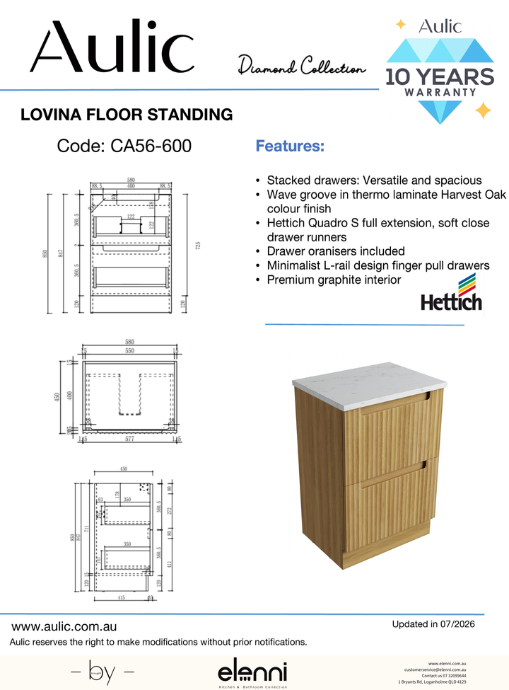 Lovina Floor Standing 600mm - Elenni specification drawing