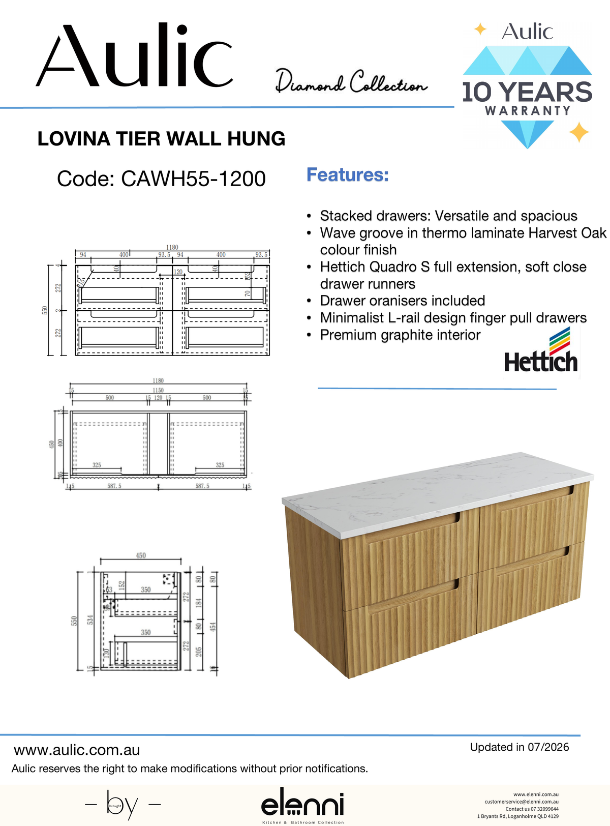 Lovina Tier Wall Hung 1200mm - Elenni specification drawing
