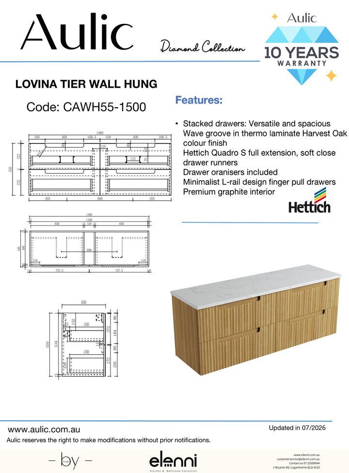 Lovina Tier Wall Hung 1500mm - Elenni specification drawing