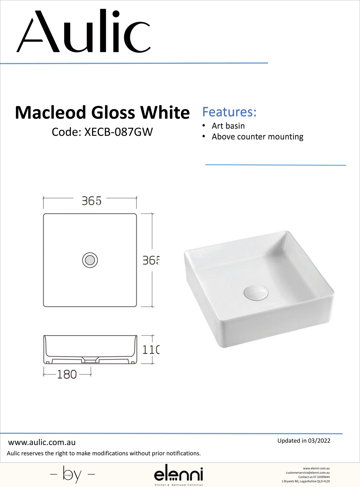 Macleod Gloss White Basin - Elenni specification drawing