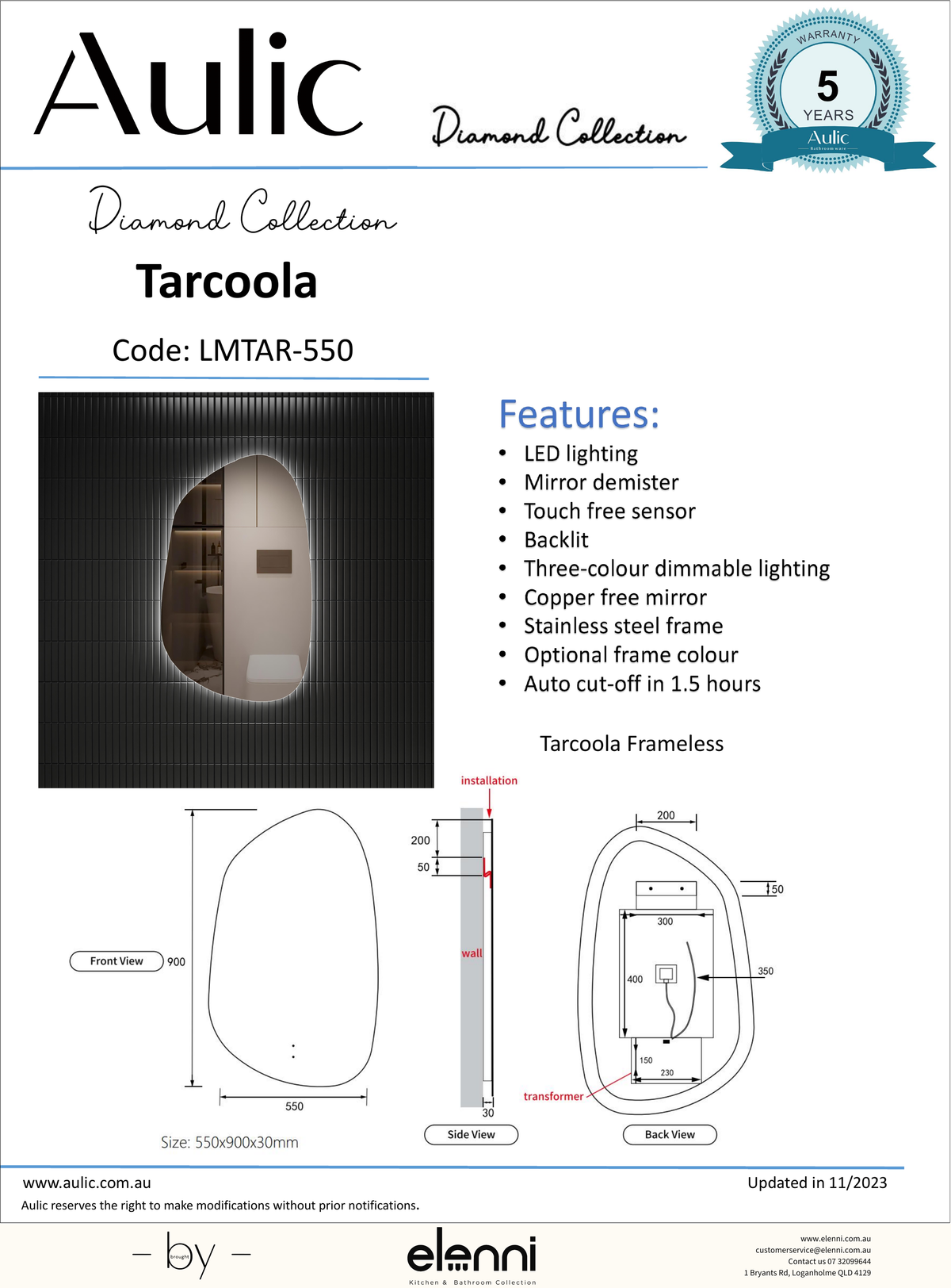 Tarcoola 550mm LED Mirror - Elenni specification drawing