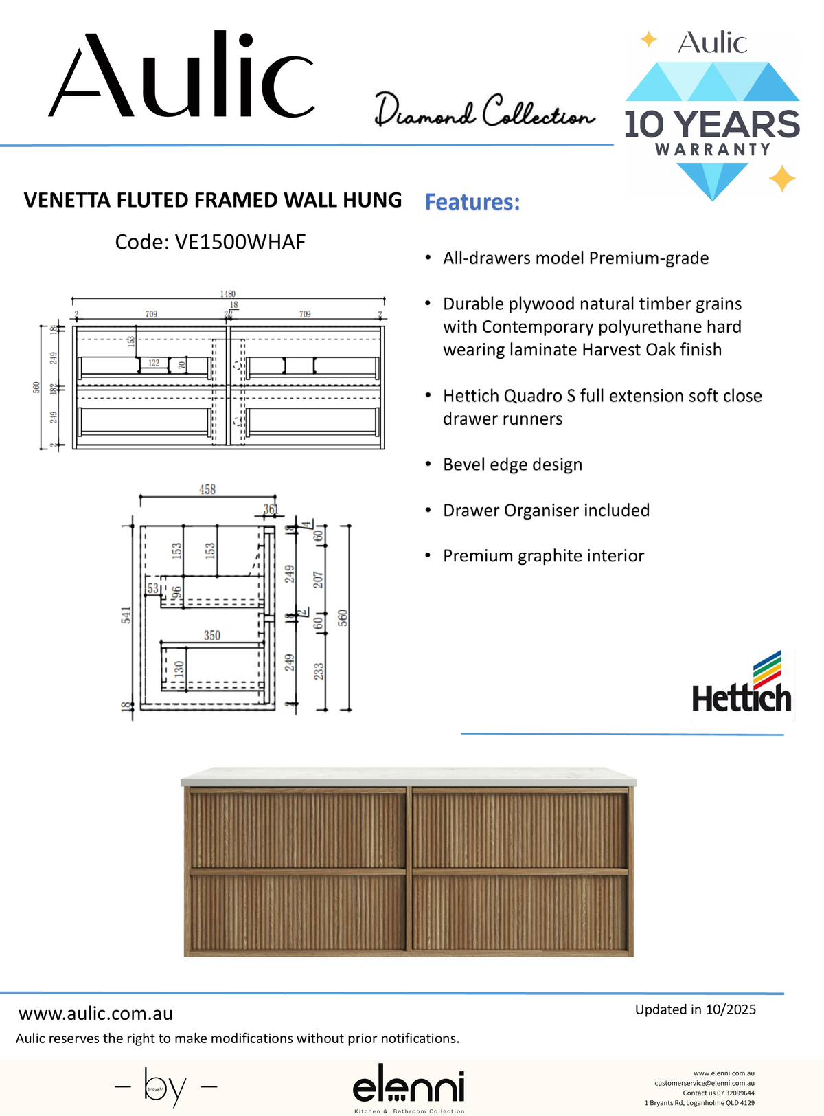 Venetta Fluted Framed Wall Hung Harvest Oak 1500mm - Elenni specification drawing
